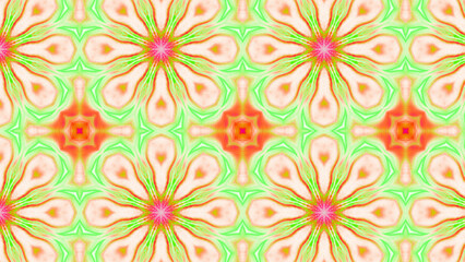 Seamless psychedelic kaleidoscope pattern with neon green, pink and orange mandala symmetry