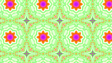 Seamless psychedelic kaleidoscope pattern with neon green, pink and orange mandala symmetry