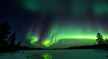 Stunning aurora borealis displaying green and purple hues above tranquil landscape