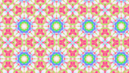Seamless psychedelic kaleidoscope pattern with neon green, pink and orange mandala symmetry