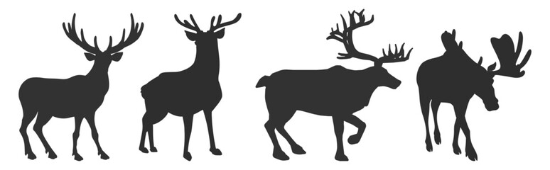 Deer and elk silhouette set. Wild forest animal shapes with antlers vector illustration on transparent background