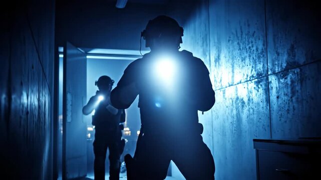 Military special forces police or soldier squad searching dark building with tactical flashlight and weapon, tactical operation concept.