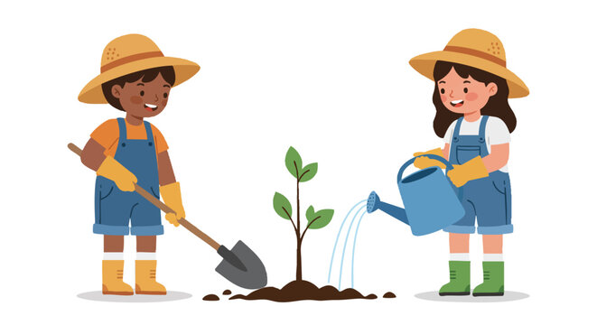 two children planting a small tree, holding shovels, wearing gardening gloves and straw hats, one pouring water from a blue watering can, smiling faces
