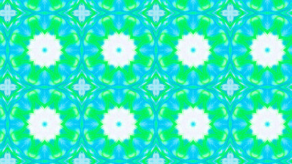 Seamless psychedelic kaleidoscope pattern with neon green, pink and orange mandala symmetry