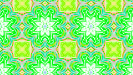 Seamless psychedelic kaleidoscope pattern with neon green, pink and orange mandala symmetry