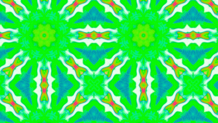 Seamless psychedelic kaleidoscope pattern with neon green, pink and orange mandala symmetry