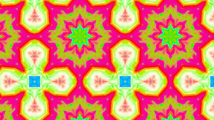 Seamless psychedelic kaleidoscope pattern with neon green, pink and orange mandala symmetry