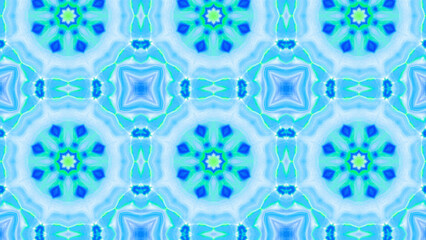 Seamless psychedelic kaleidoscope pattern with neon green, pink and orange mandala symmetry