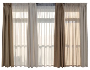 Image of three sets of curtains with neutral tones, hanging in front of windows, casting soft light. Focus on the interplay of light and fabric