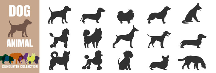 Dog breeds silhouette set. Various pet shapes and canine outlines vector illustration on transparent background