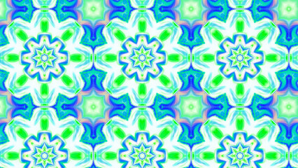 Seamless psychedelic kaleidoscope pattern with neon green, pink and orange mandala symmetry