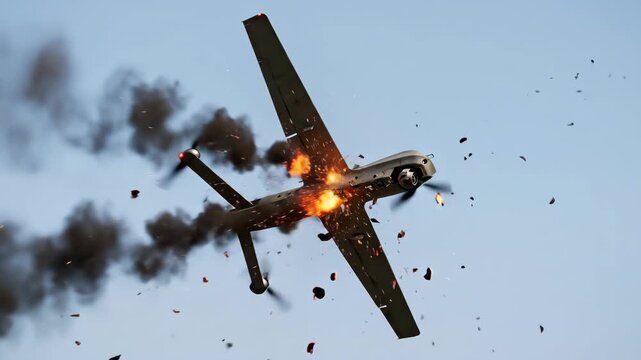 Exploding military drone hit by missile, drone attack and conflict concept. War technology and destruction during combat action footage.