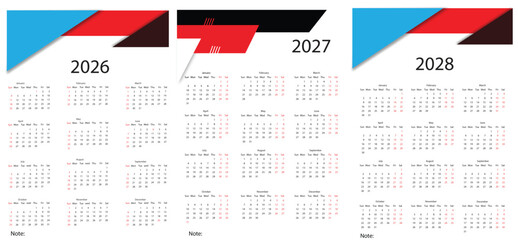 Calendar Design for Years 2026 2027 and 2028 Featuring Modern Geometric Shapes in Red Blue and Black Offering a Versatile and Organized Scheduling Solution
