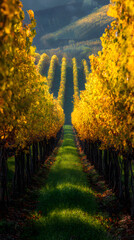 Naklejka premium Exploring the Enchantment f Grape Vineyards in Fall:A Journey through Harvest' Vibrant Rows and Rich Autmn Hues under Golden Sunliht in a Serene Landscape