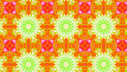 Seamless psychedelic kaleidoscope pattern with neon green, pink and orange mandala symmetry