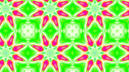 Seamless psychedelic kaleidoscope pattern with neon green, pink and orange mandala symmetry
