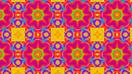 Seamless psychedelic kaleidoscope pattern with neon green, pink and orange mandala symmetry