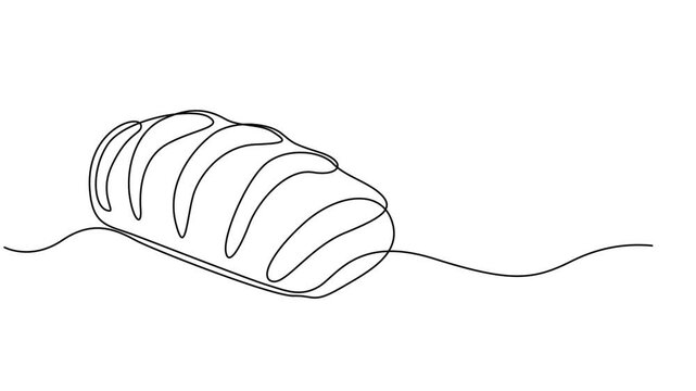 Animated self drawing of continuous line draw bread and wheat. Wheat and bread one line concept. Full length one line animation,  Baked goods. Dishes, Delicious. National Bread Day. Full motion length