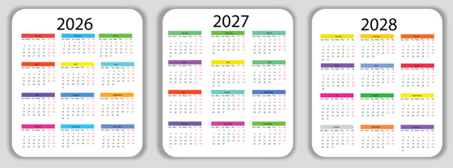 Calendar Templates for the Years 2026 2027 and 2028 Planning and Organization with Colorful Month Headers and Clear Date Layouts for Professional and Personal Use