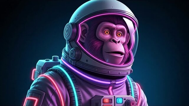 Purple gorilla astronaut wearing a neon-lit spacesuit against a dark
