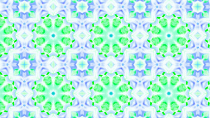 Seamless psychedelic kaleidoscope pattern with neon green, pink and orange mandala symmetry