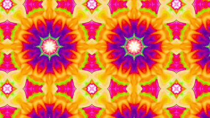 Seamless psychedelic kaleidoscope pattern with neon green, pink and orange mandala symmetry