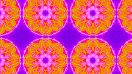 Seamless psychedelic kaleidoscope pattern with neon green, pink and orange mandala symmetry