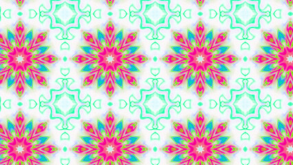 Fototapeta premium Seamless psychedelic kaleidoscope pattern with neon green, pink and orange mandala symmetry