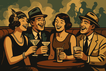 Speakeasy booth group hand jazz visible gathering laughing gathered vector faintly illustration