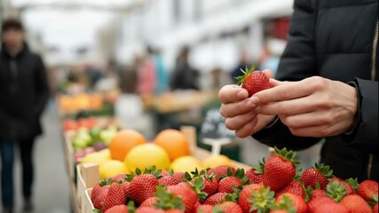 woman's hands carefully selecting fresh ripe strawberries at local farmers' market. healthy eating and conscious food choice concept. grocery shopping, recipe.