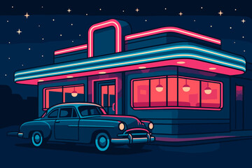 Stars vector lights parked glowing neon pink night sky illustration diner retro