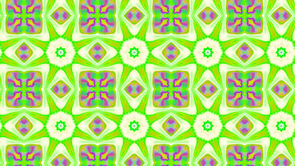 Seamless psychedelic kaleidoscope pattern with neon green, pink and orange mandala symmetry
