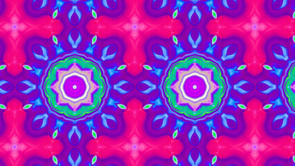 Seamless psychedelic kaleidoscope pattern with neon green, pink and orange mandala symmetry