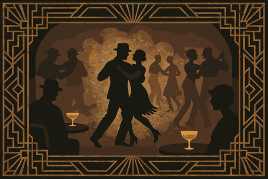 Dancers interior silhouetted vector inspired deco illustration pattern art framing speakeasy