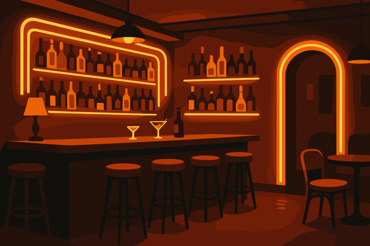 Illustration neon vector cozy tubes glowing stools cocktail bar along vintage lounge
