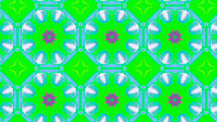 Seamless psychedelic kaleidoscope pattern with neon green, pink and orange mandala symmetry
