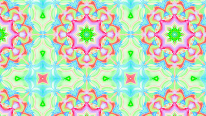 Seamless psychedelic kaleidoscope pattern with neon green, pink and orange mandala symmetry
