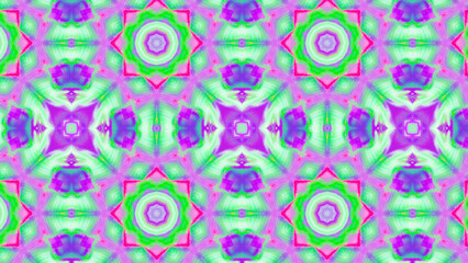 Seamless psychedelic kaleidoscope pattern with neon green, pink and orange mandala symmetry