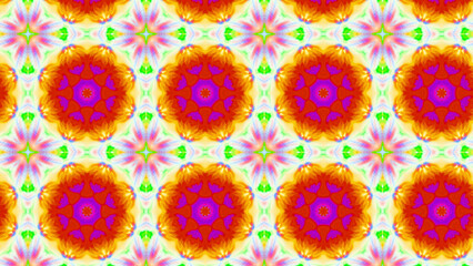 Seamless psychedelic kaleidoscope pattern with neon green, pink and orange mandala symmetry