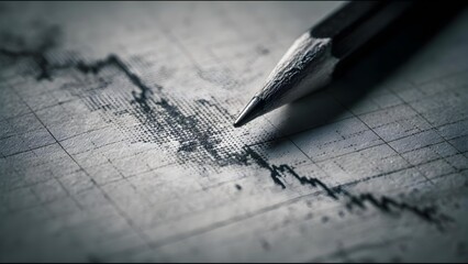 A pencil drawing a jagged line on graph paper, resembling a stock market chart. Concept Stock market sketch, Pencil drawing, Graph paper, Jagged line chart, Economic trend