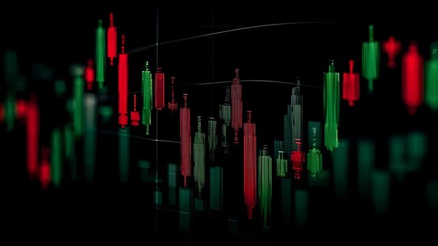 A dark financial chart with red and green candlestick bars and curved trend lines. Concept Dark Theme Finance, Candlestick Charts, Red and Green Bars, Curved Trend Lines, Market Analysis