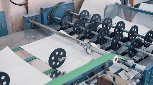 Polypropylene bags production. The cut pieces of fabric move along a conveyor belt and are stacked. A worker monitors the process.