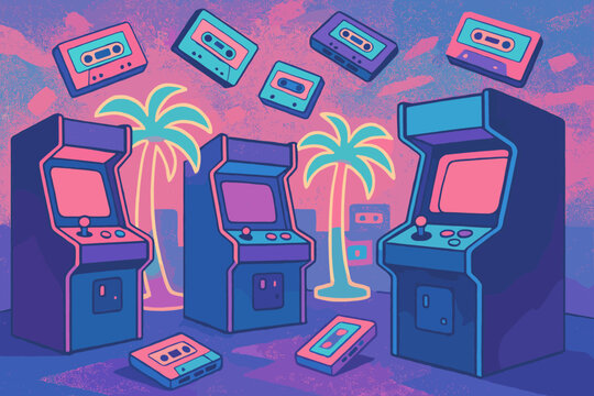 Arcade room vector vaporwave dreamy tree glowing illustration retro pastel hues palm