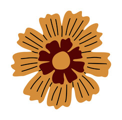 Minimalist vector illustration of a sunflower with burgundy center and golden-orange striped petals in flat style, isolated on transparent background with clean, sharp, symmetrical design