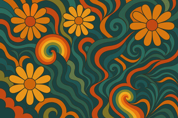 Rainbow illustration curved swirling geometric waves groovy vector glowing flower pattern abstract