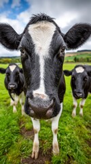 Cows grazing in a green pasture on a cloudy day in the countryside