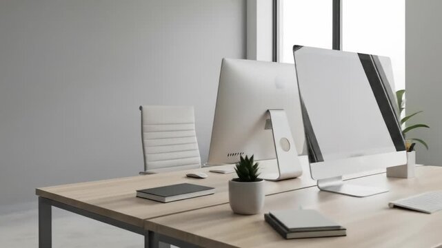 A minimalist office workspace showcases two monitors, a keyboard, mouse, plants, and notebooks on a light wood desk, against a gray wall