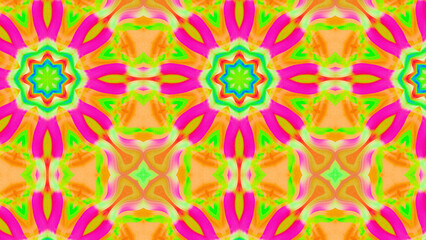 Seamless psychedelic kaleidoscope pattern with neon green, pink and orange mandala symmetry