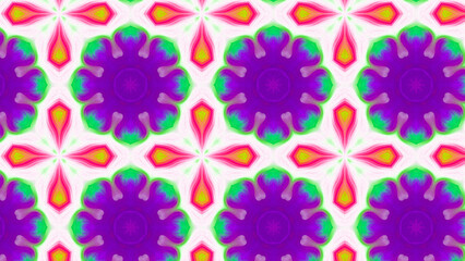 Seamless psychedelic kaleidoscope pattern with neon green, pink and orange mandala symmetry