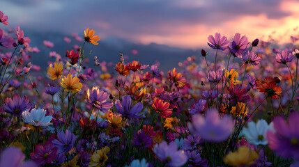 Obraz premium A vast field of flowers stretches as far as the eye can see, bursting with vibrant colors.
